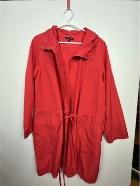 Eileen Fisher Hooded Anorak Rain Jacket Red Drawstring Waist Lightweight M